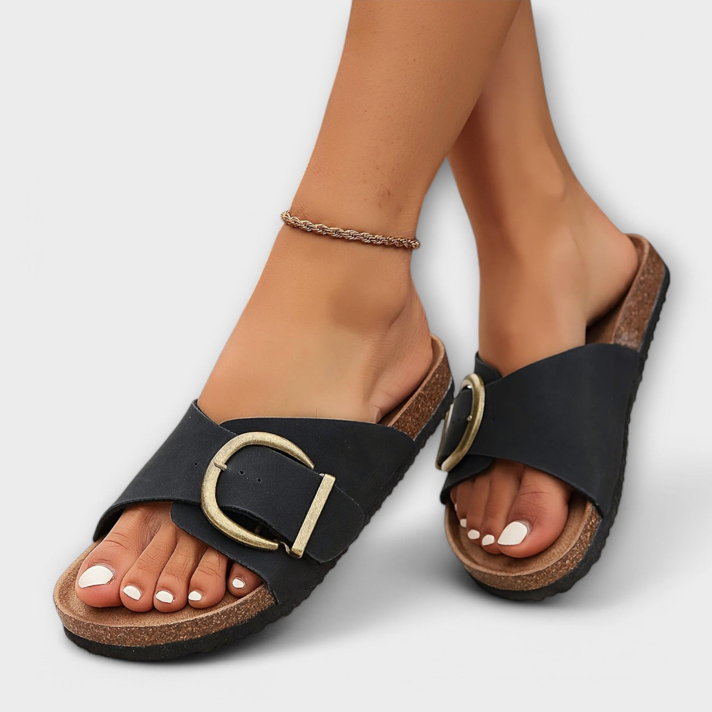 Margie – Women's Cork Slip-On Sandals with Buckle Strap Design