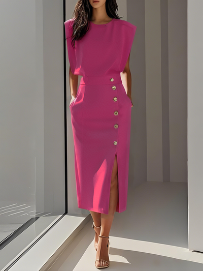 Marlene | Solid Midi Dress with Button Slit and Round Neckline