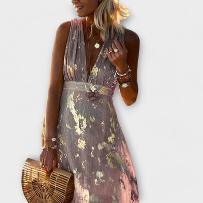 Flowing Dress with V-Neck and Sequin Details