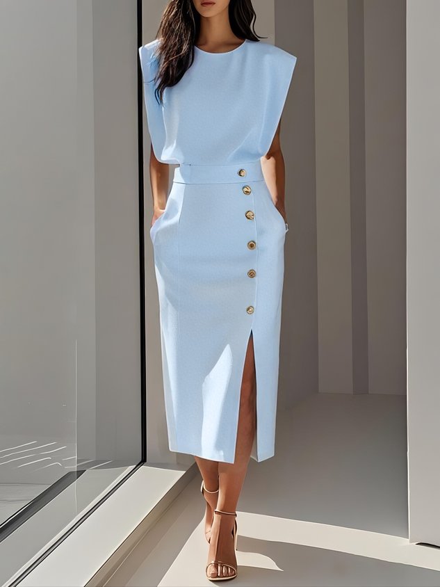Marlene | Solid Midi Dress with Button Slit and Round Neckline