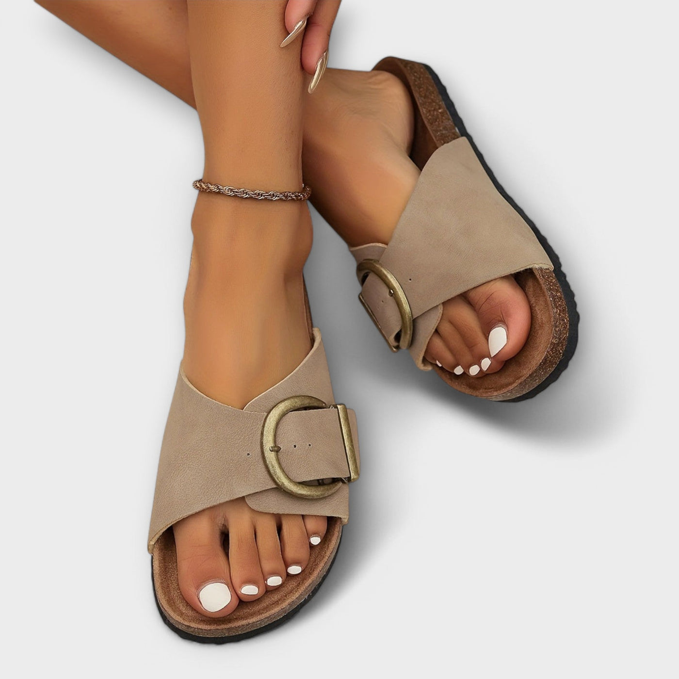 Margie – Women's Cork Slip-On Sandals with Buckle Strap Design