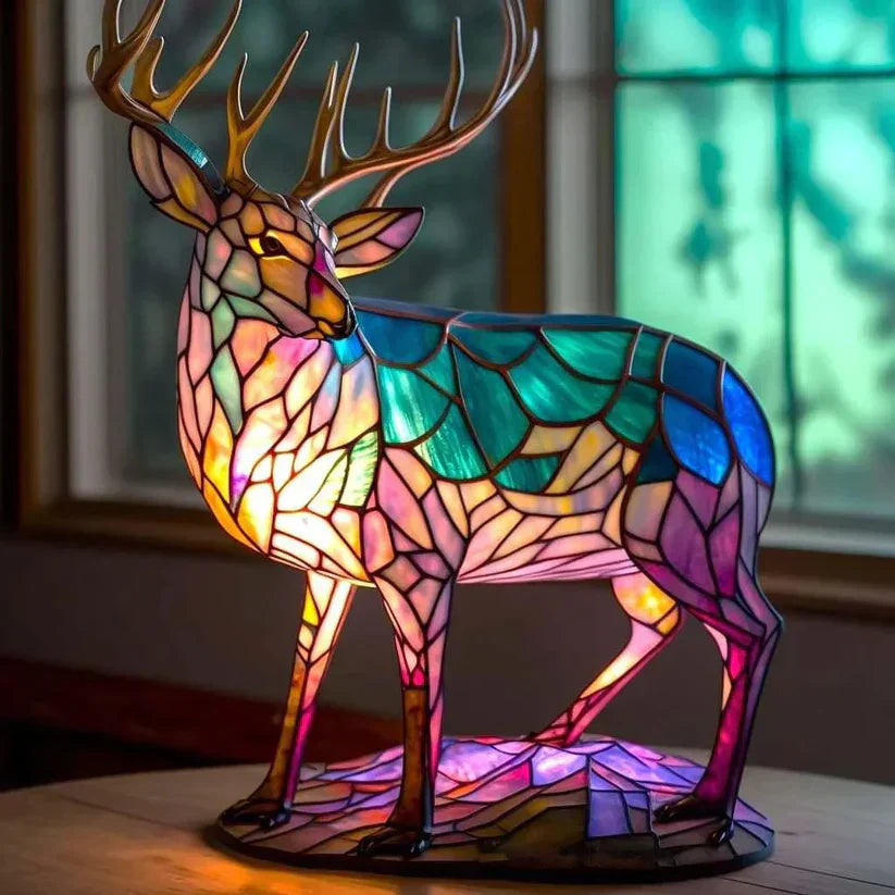 Glass Lamp with Deer and Feather Design