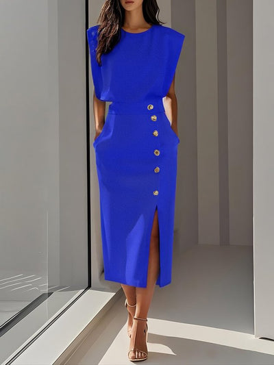 Marlene | Solid Midi Dress with Button Slit and Round Neckline