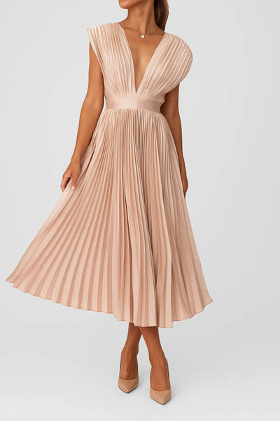 Midi Pleated Dress | V-Neck and Highlighted Waist