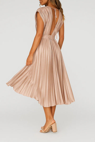 Midi Pleated Dress | V-Neck and Highlighted Waist