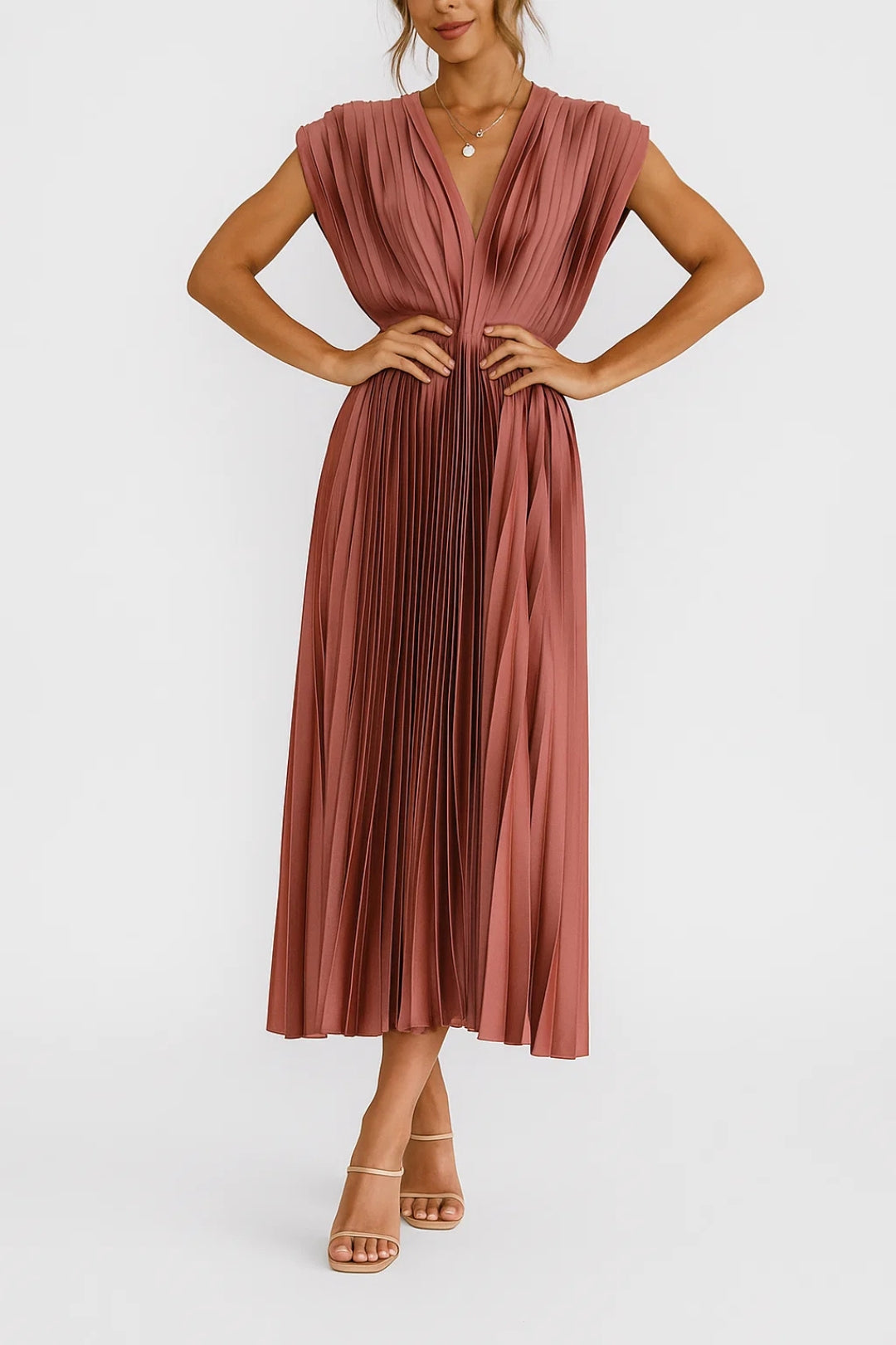 Midi Pleated Dress | V-Neck and Highlighted Waist