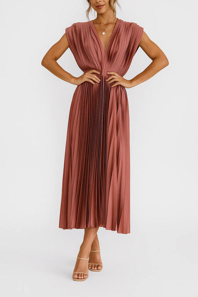 Midi Pleated Dress | V-Neck and Highlighted Waist