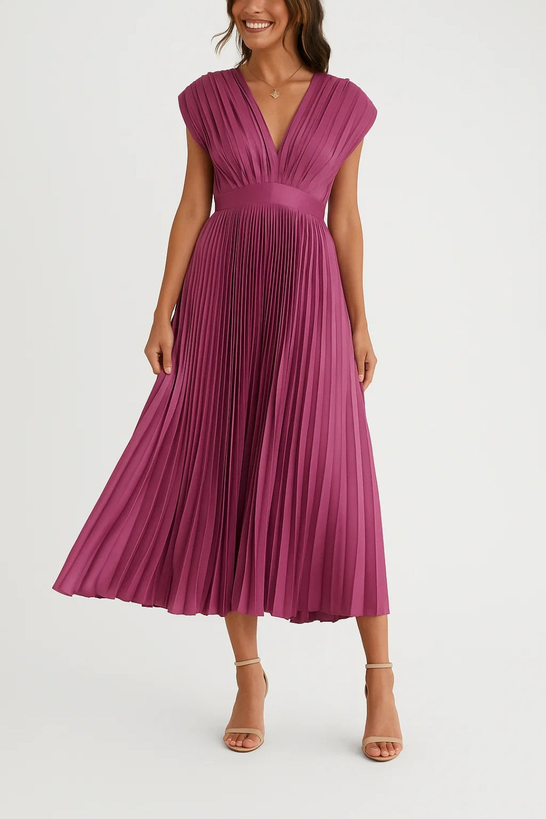 Midi Pleated Dress | V-Neck and Highlighted Waist