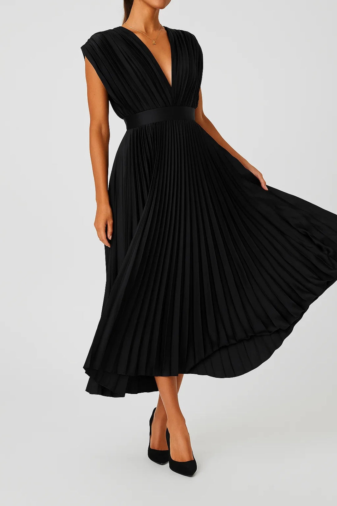 Midi Pleated Dress | V-Neck and Highlighted Waist