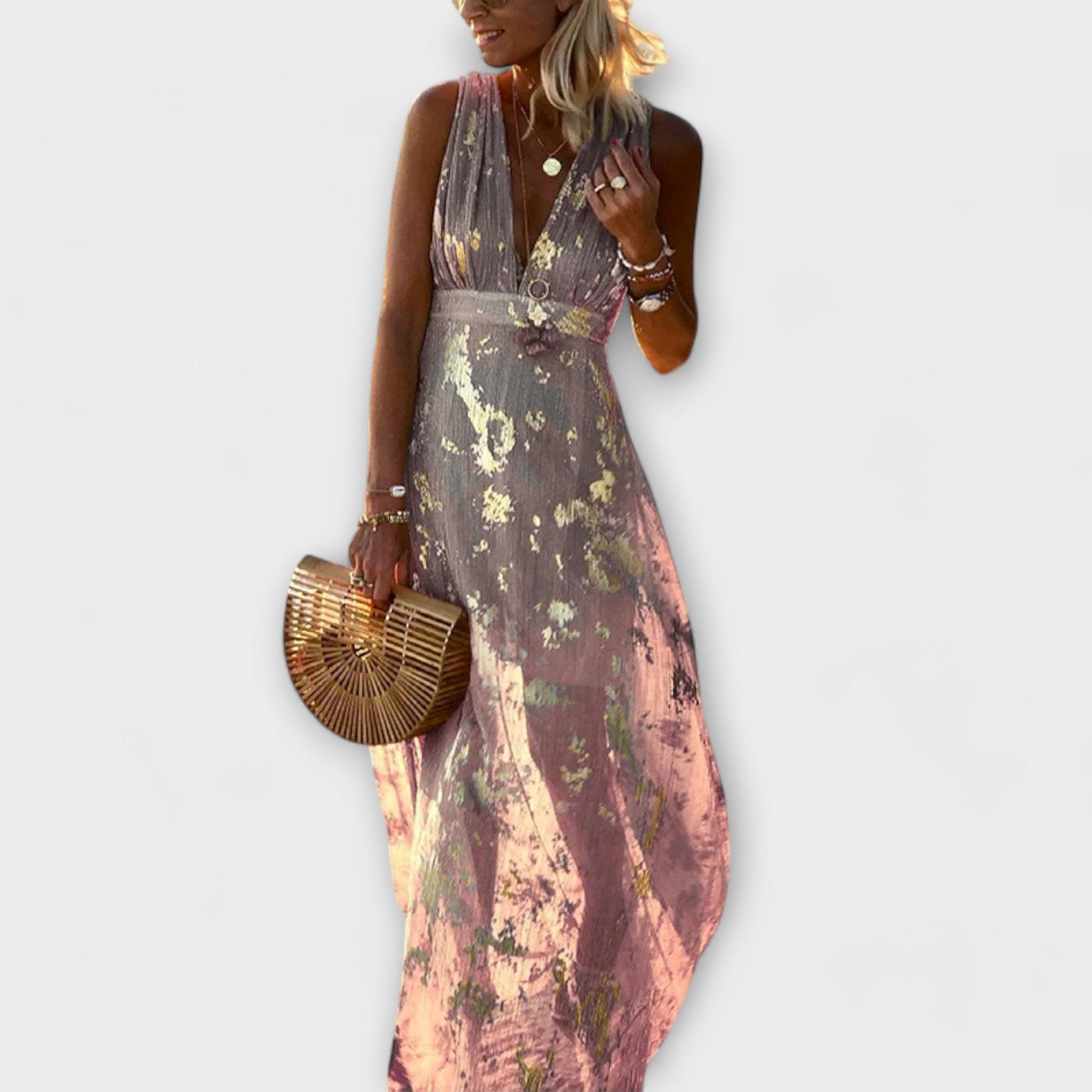 Flowing Dress with V-Neck and Sequin Details