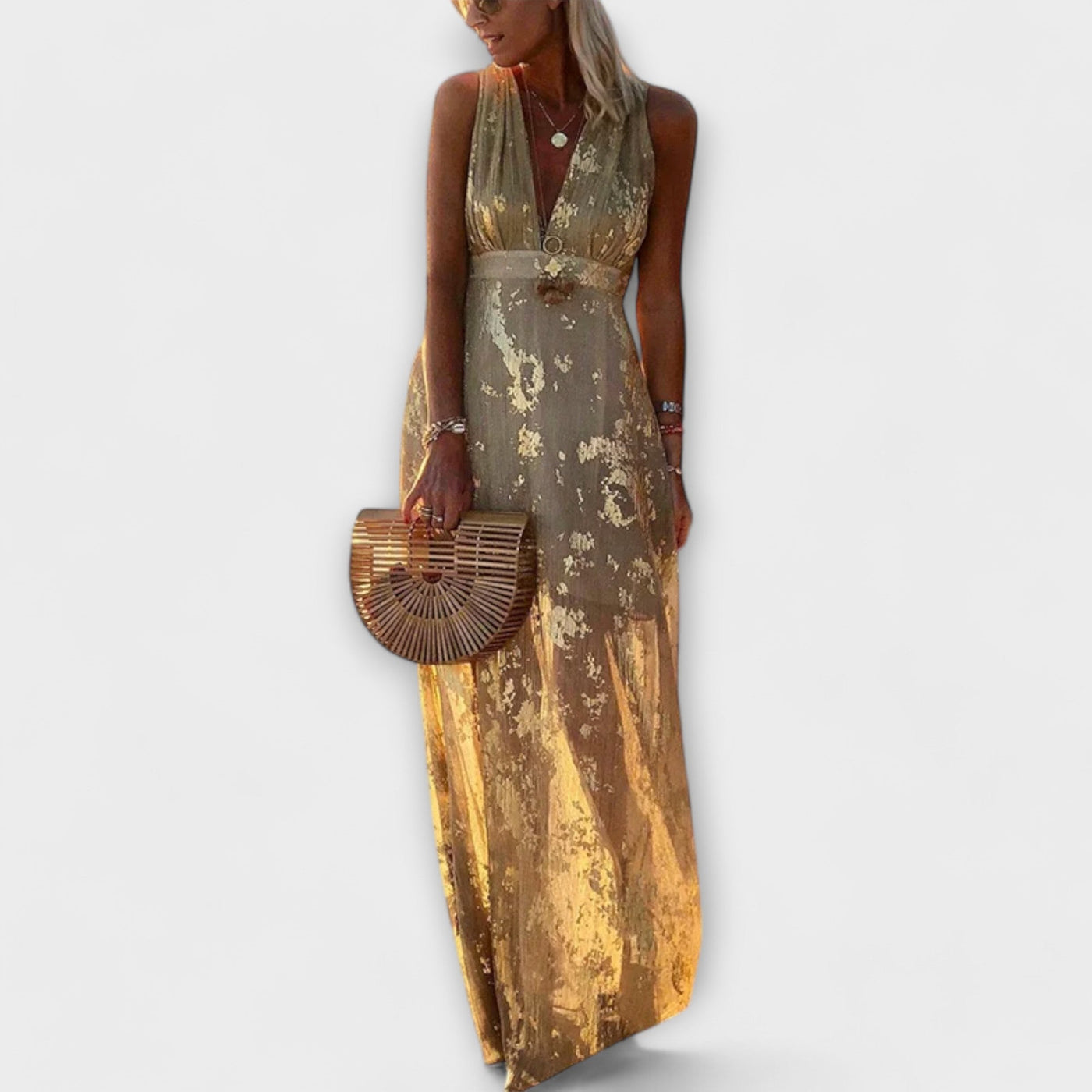 Flowing Dress with V-Neck and Sequin Details