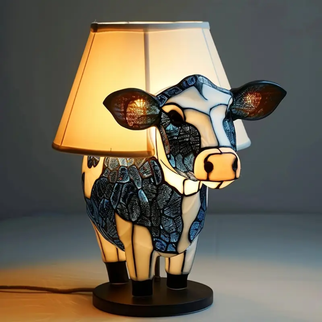 Yellow Glass Lamp with Blue Cow Design