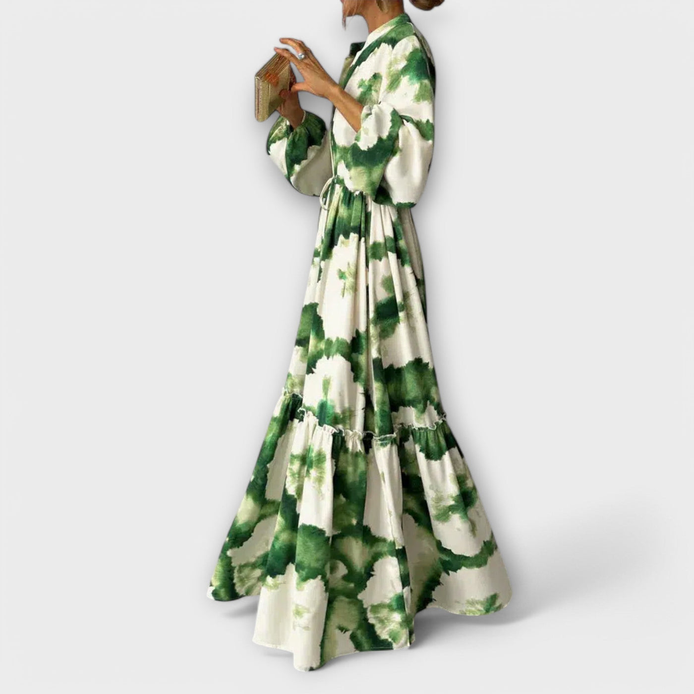 Melina - Green Maxi Dress with Long Sleeves and V-Neck