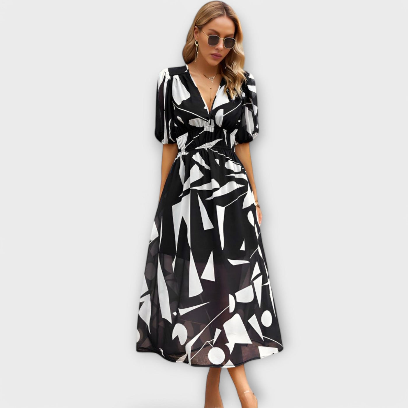 Abstract Maxi Dress with Puff Sleeves