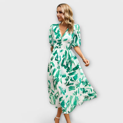 Abstract Maxi Dress with Puff Sleeves