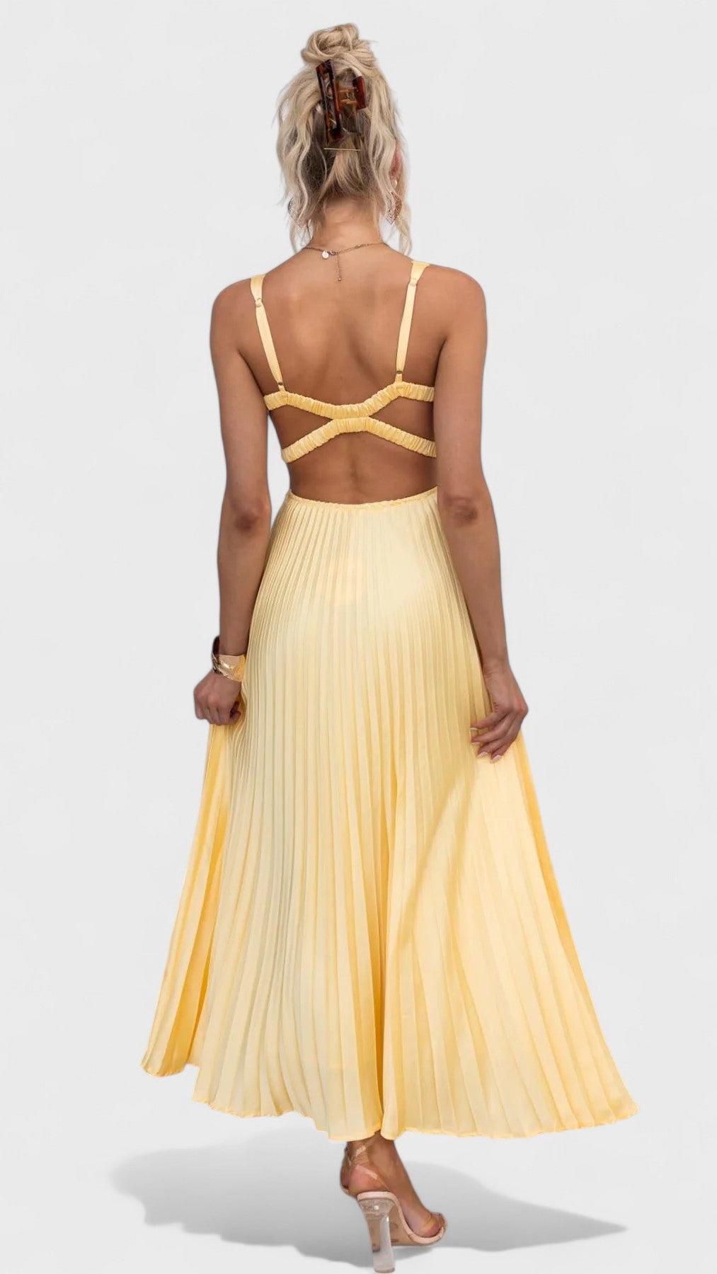 Aby | Yellow Pleated V-Neck Maxi Dress