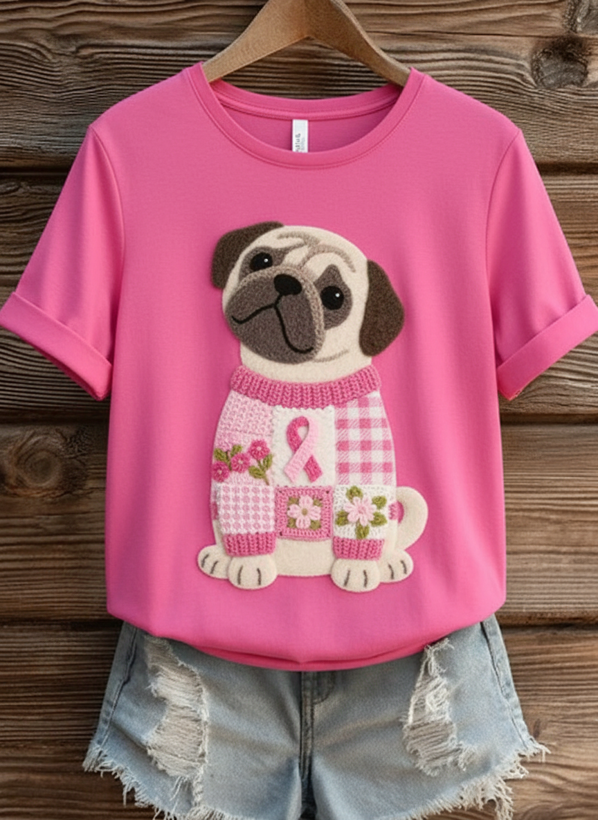 Natalia – Pink Pug, Supportive Embroidered T-Shirt