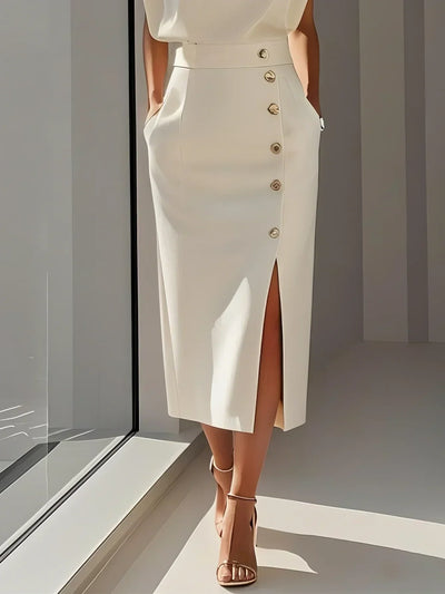 Marlene | Solid Midi Dress with Button Slit and Round Neckline