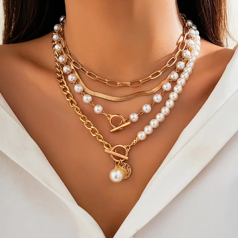 Vintage necklace set with pearl and snake chain | Gold