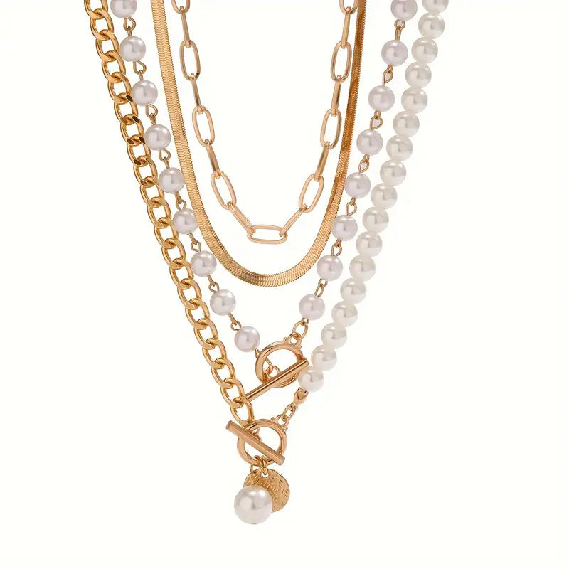 Vintage necklace set with pearl and snake chain | Gold