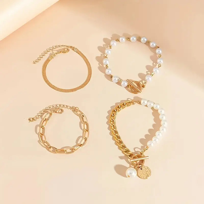 Set of 4 Chic Gold Bracelets – Snake, Pearls, and Links | Gold