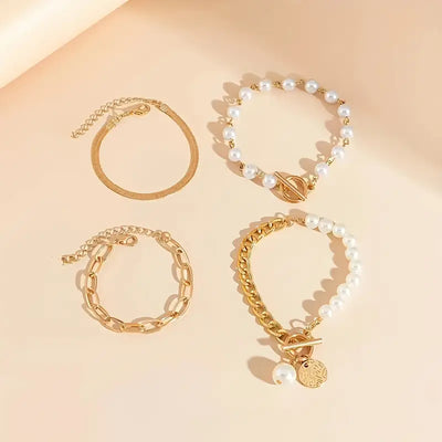 Set of 4 Chic Gold Bracelets – Snake, Pearls, and Links | Gold
